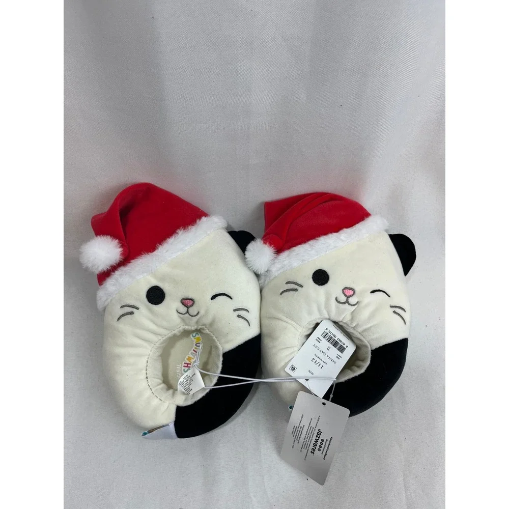 Squishmallows Santa Hat Cat Slippers Kids Size 11/12 Off-White Black Holiday New